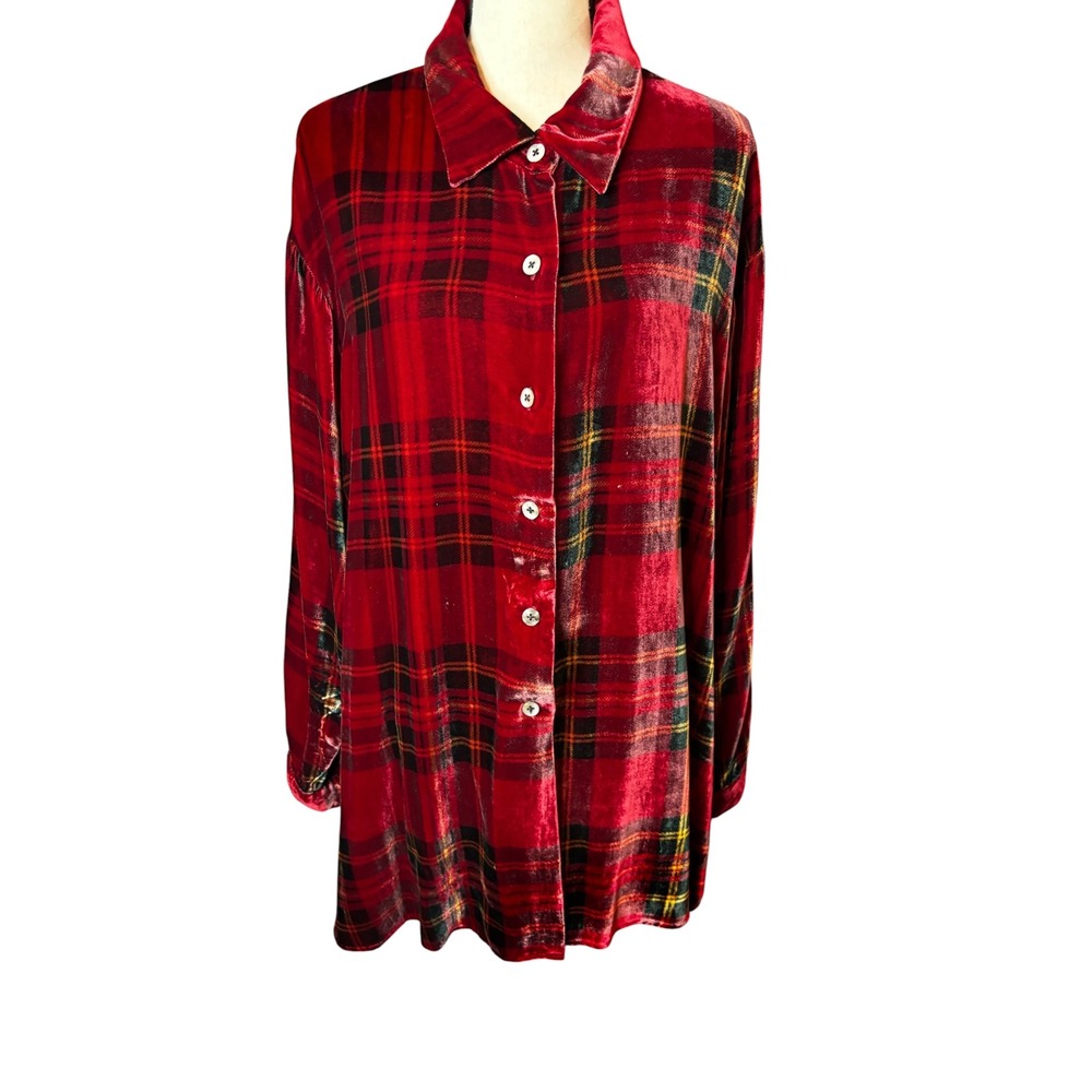 Coldwater Creek Red Plaid Silk Blend Velvet Button Front Shirt Medium Holiday